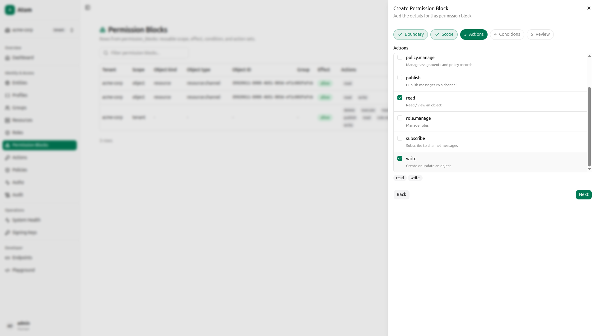 Permission block - step 3, actions (read + write)